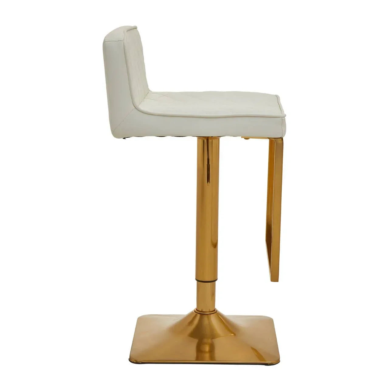 White bar stool with gold metal base and low backrest, side profile view