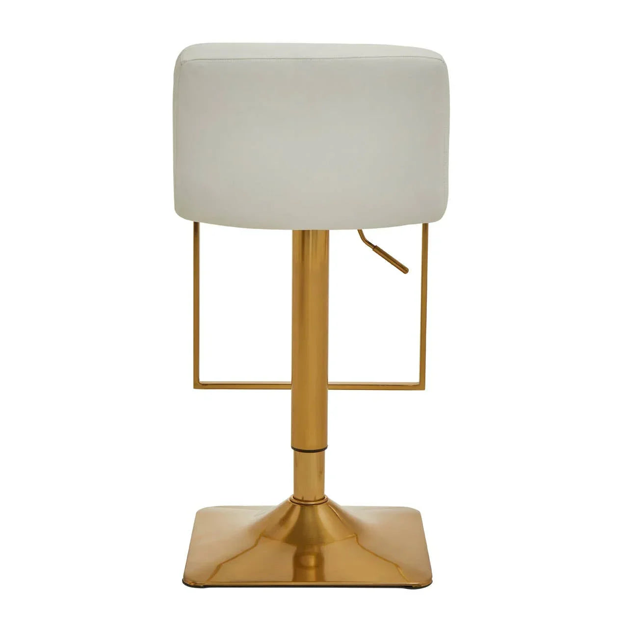 White bar stool with gold metal frame and square base, rear view