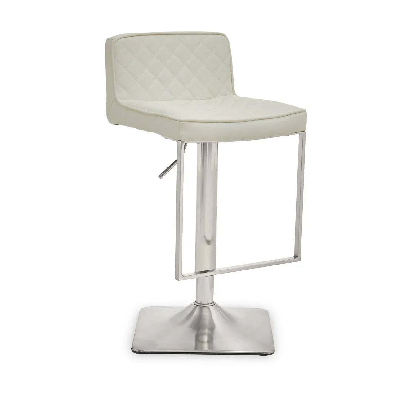 White leather bar stool with quilted backrest and brushed metal base