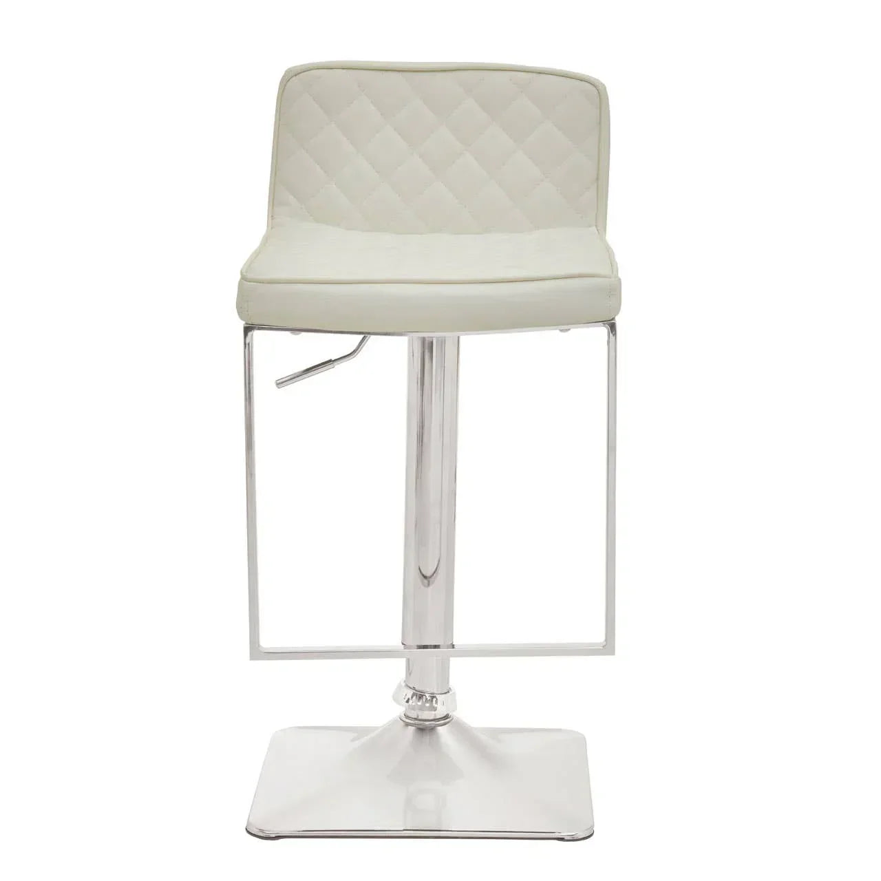 White bar stool with quilted seat and chrome base, front view