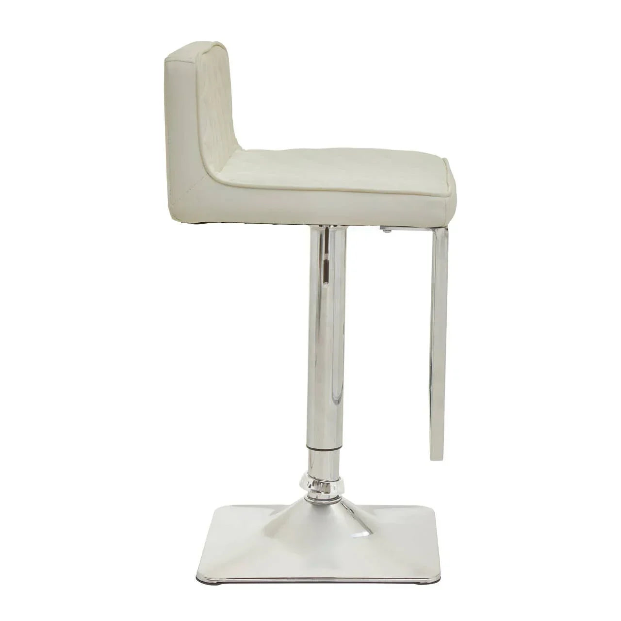 White leather bar stool with low backrest and chrome base, side profile view