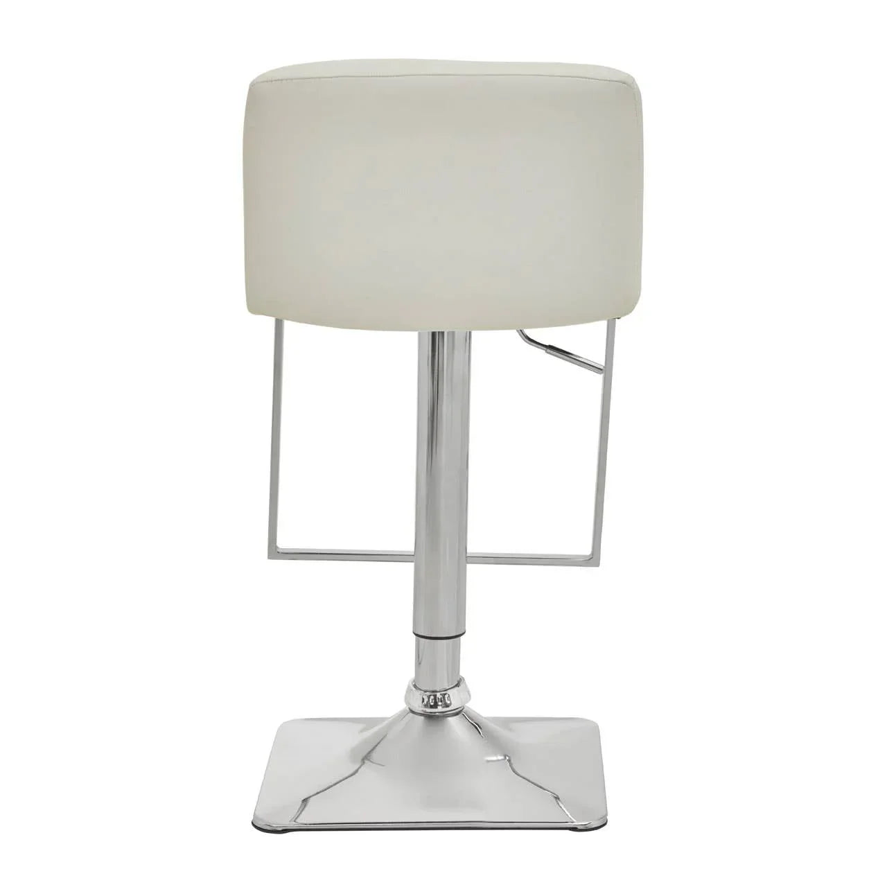White faux leather bar stool with chrome square base, shown from the back