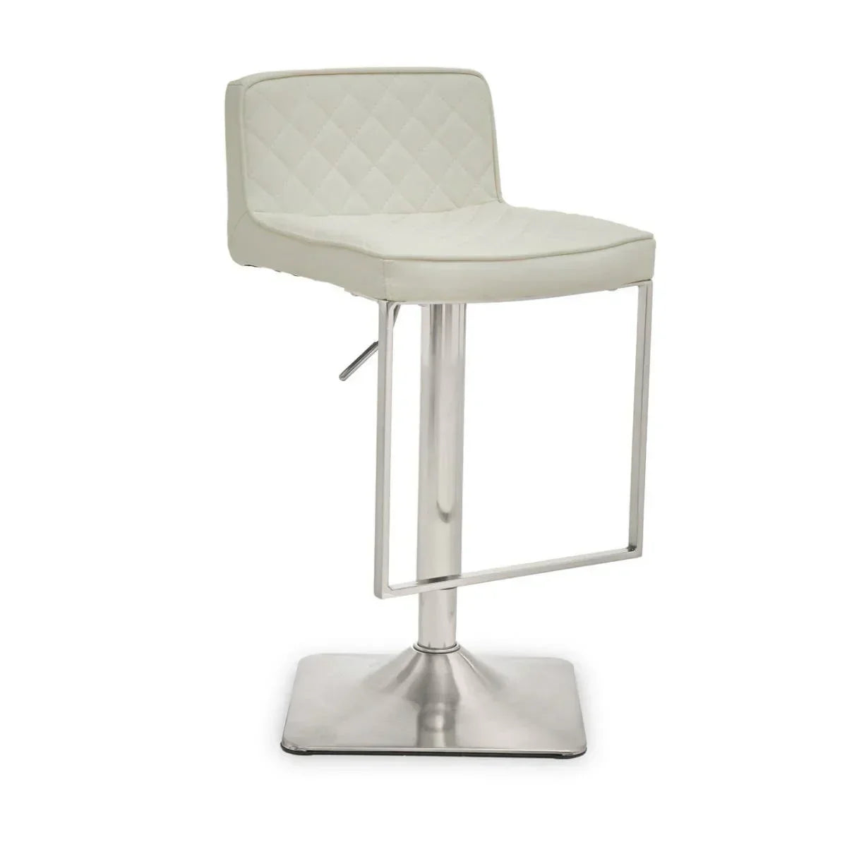 White bar stool with quilted seat, stainless steel base, and footrest on white background