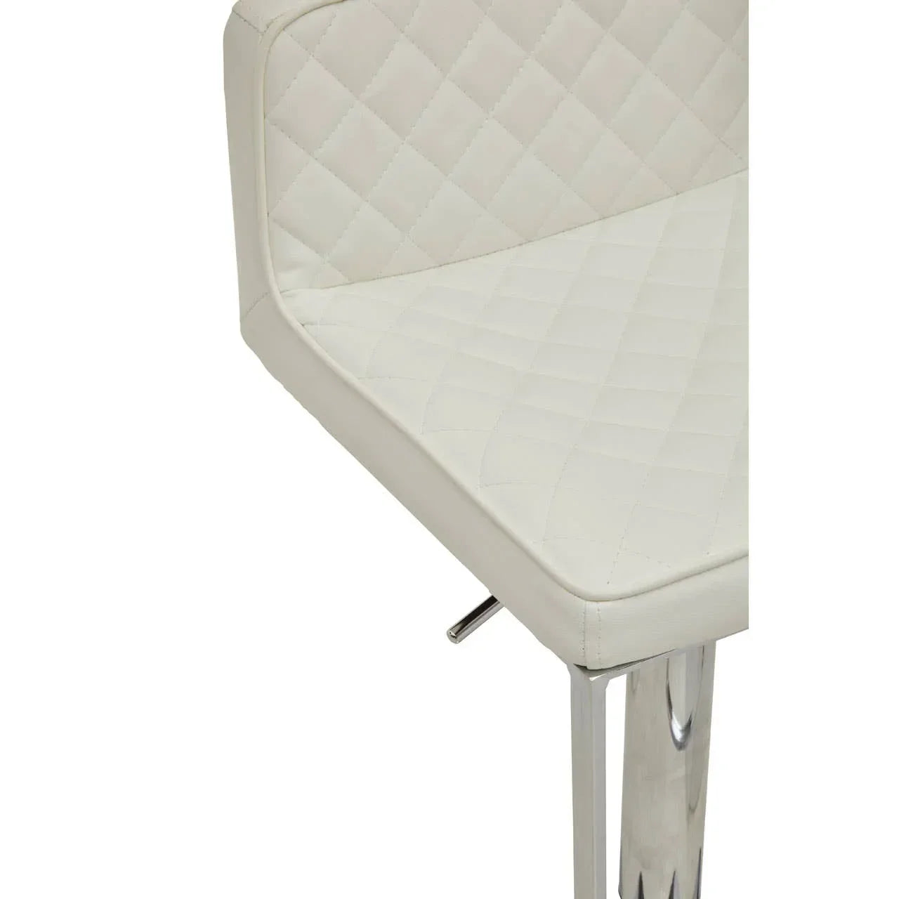 Cream leather bar stool with quilted seat and chrome legs, close-up view