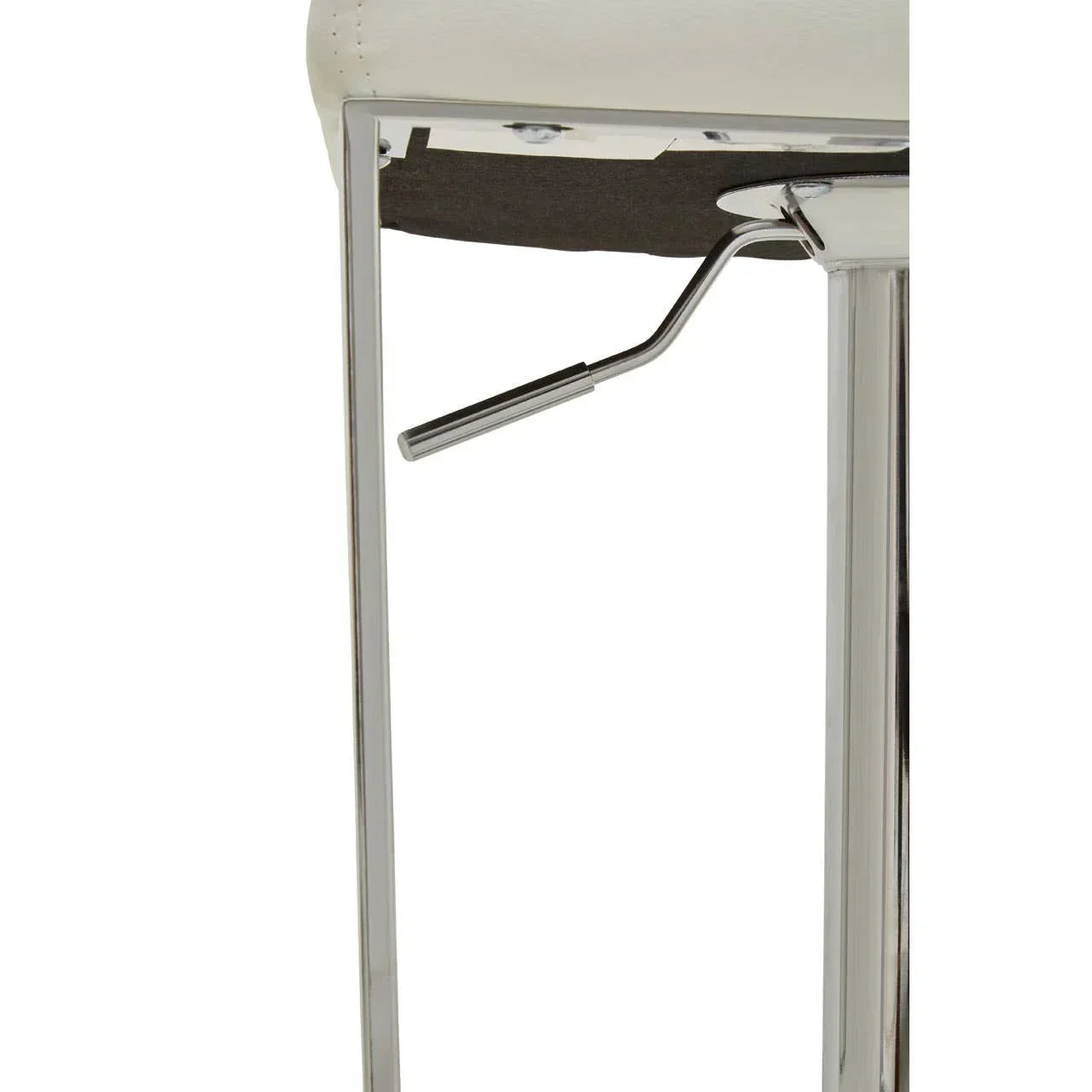 Chrome stool base with adjustable lever and cream seat underside, close-up view