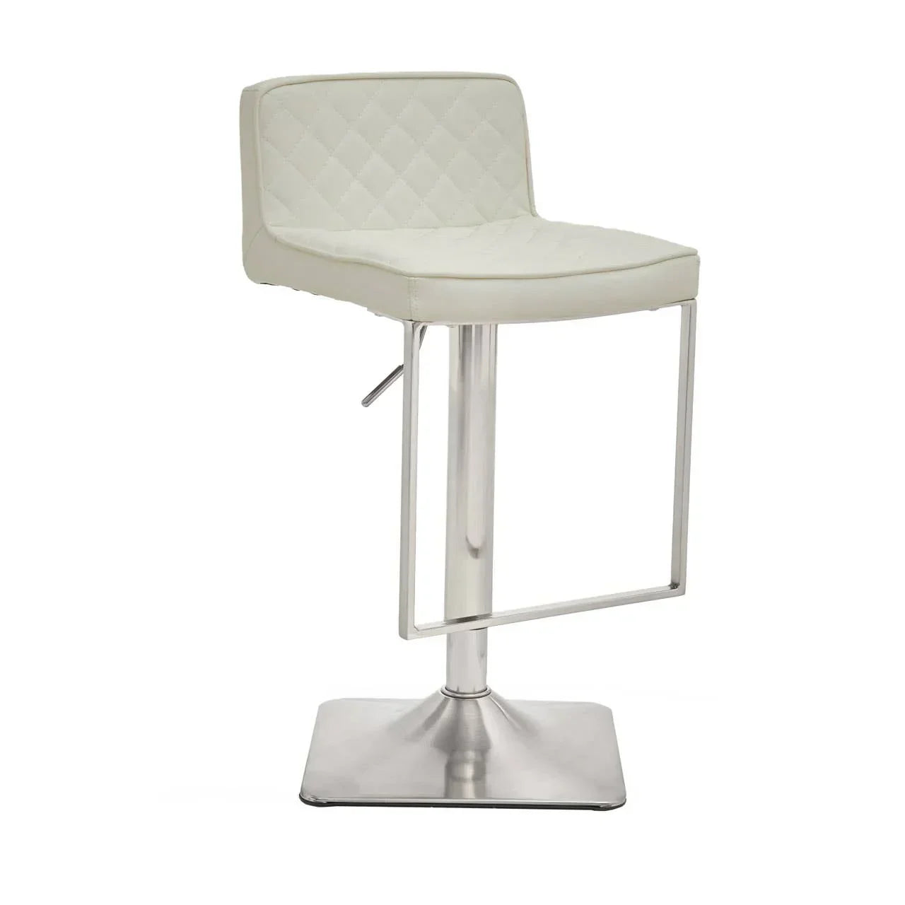 White leather bar stool with diamond stitching and chrome base, side angle view