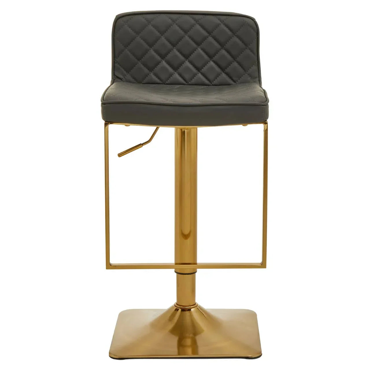 Grey quilted bar stool with gold metal base and footrest, front view