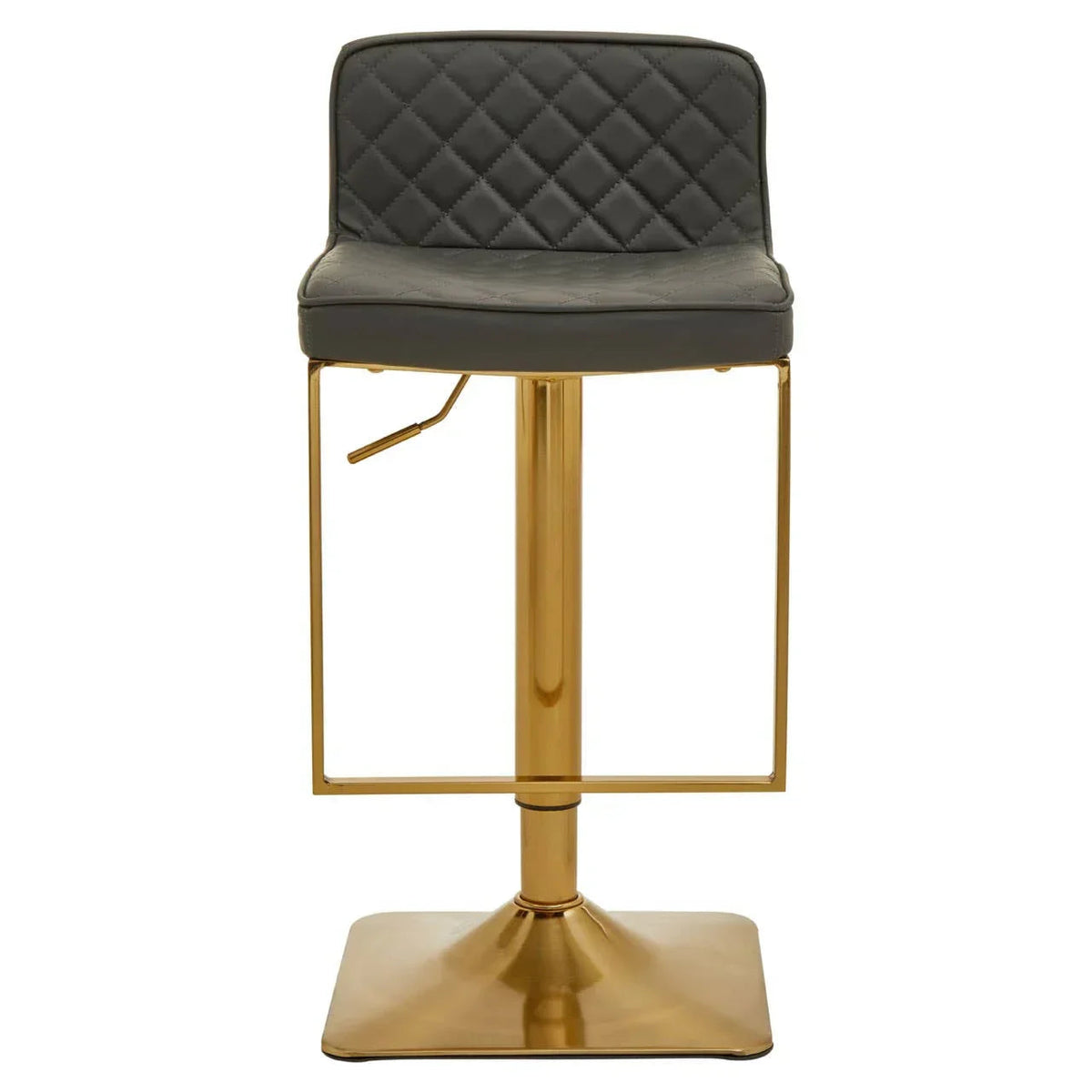 Grey quilted bar stool with gold square-frame legs, straight front view