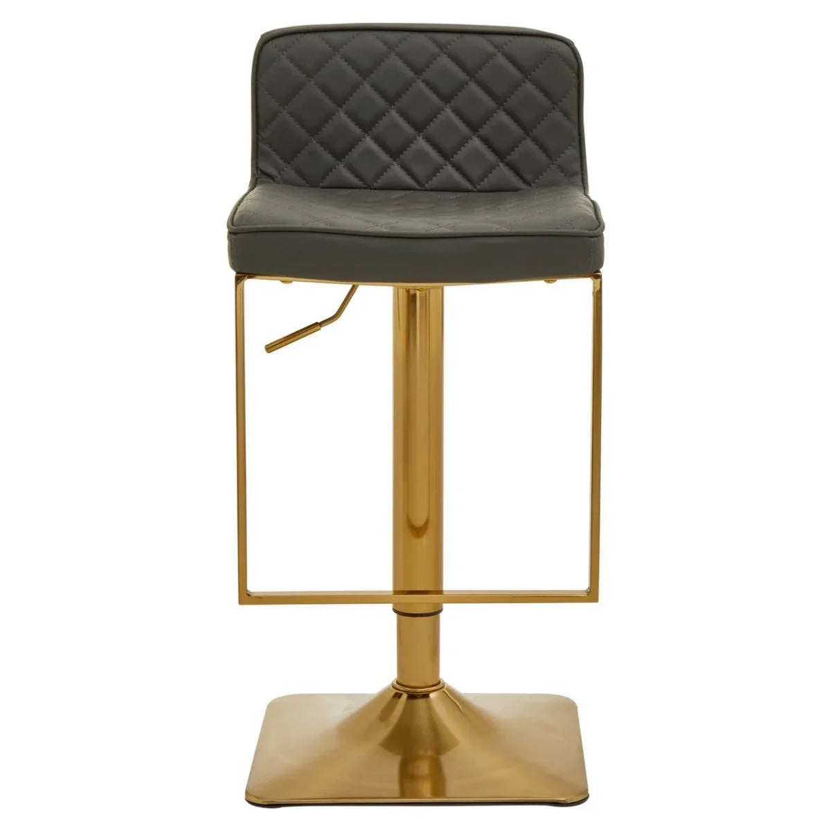 Grey bar stool with quilted seat, gold metal base and square footrest, front view