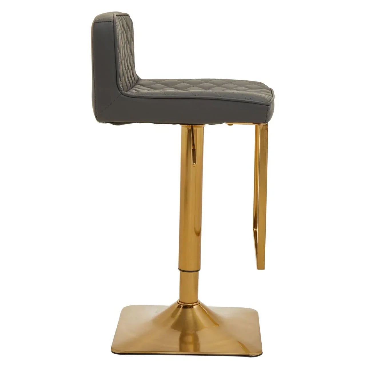 Grey bar stool with quilted seat and gold metal base, side profile view