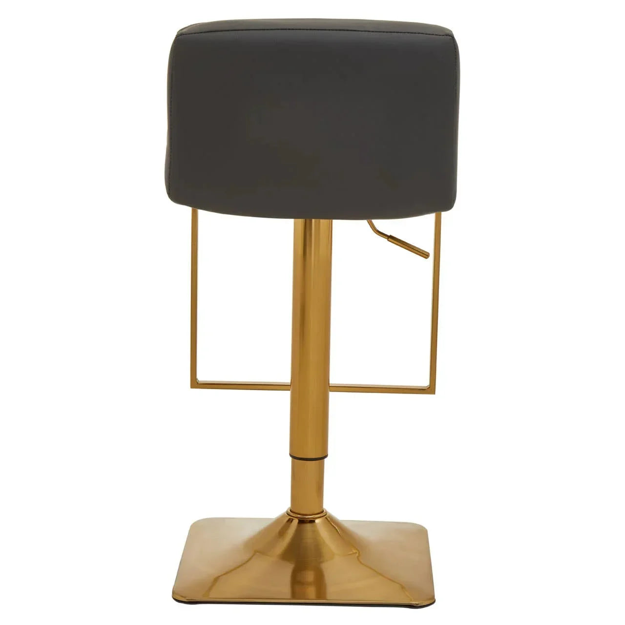 Grey bar stool with gold base and square padded backrest, rear view
