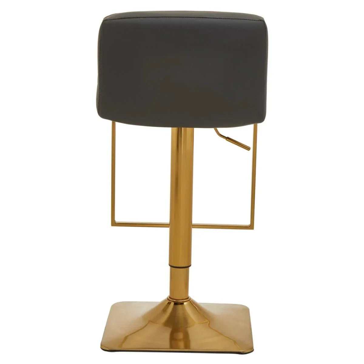 Grey bar stool with gold metal base and square backrest, rear view