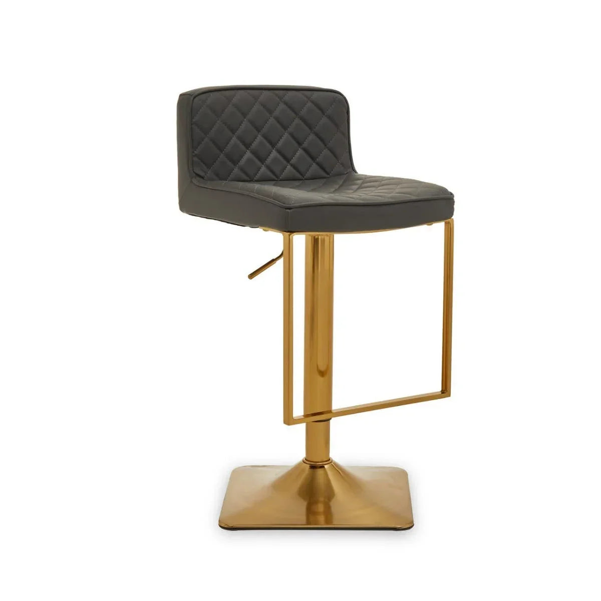 Grey bar stool with quilted seat and gold metal base, side view