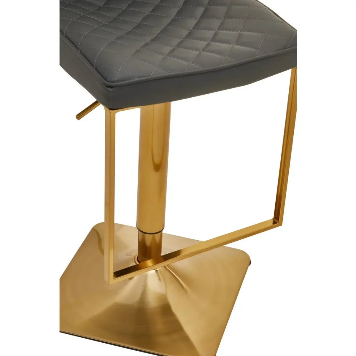 Grey quilted bar stool seat with gold metal base and lever detail