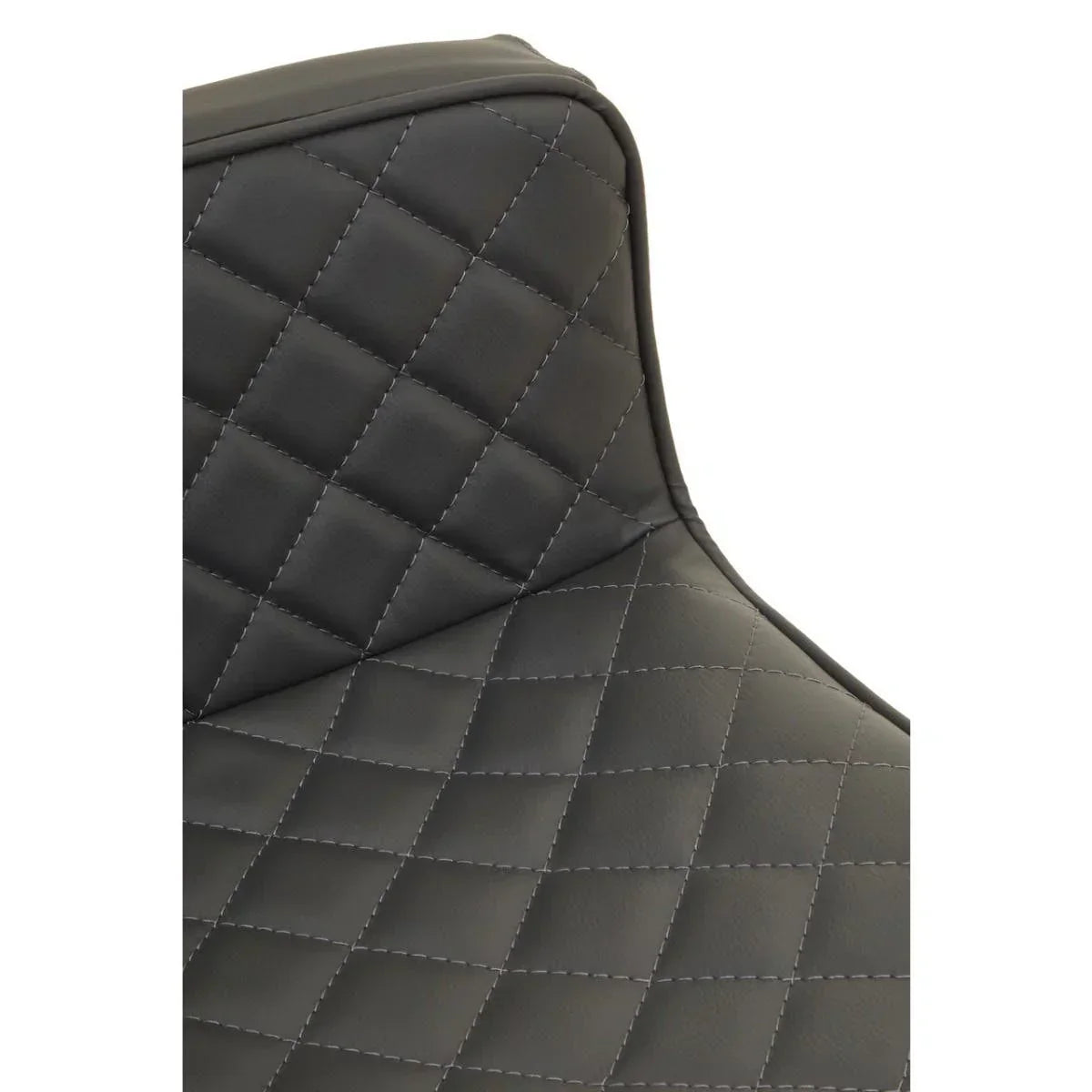 Closeup of black diamond-stitched faux leather dining chair backrest