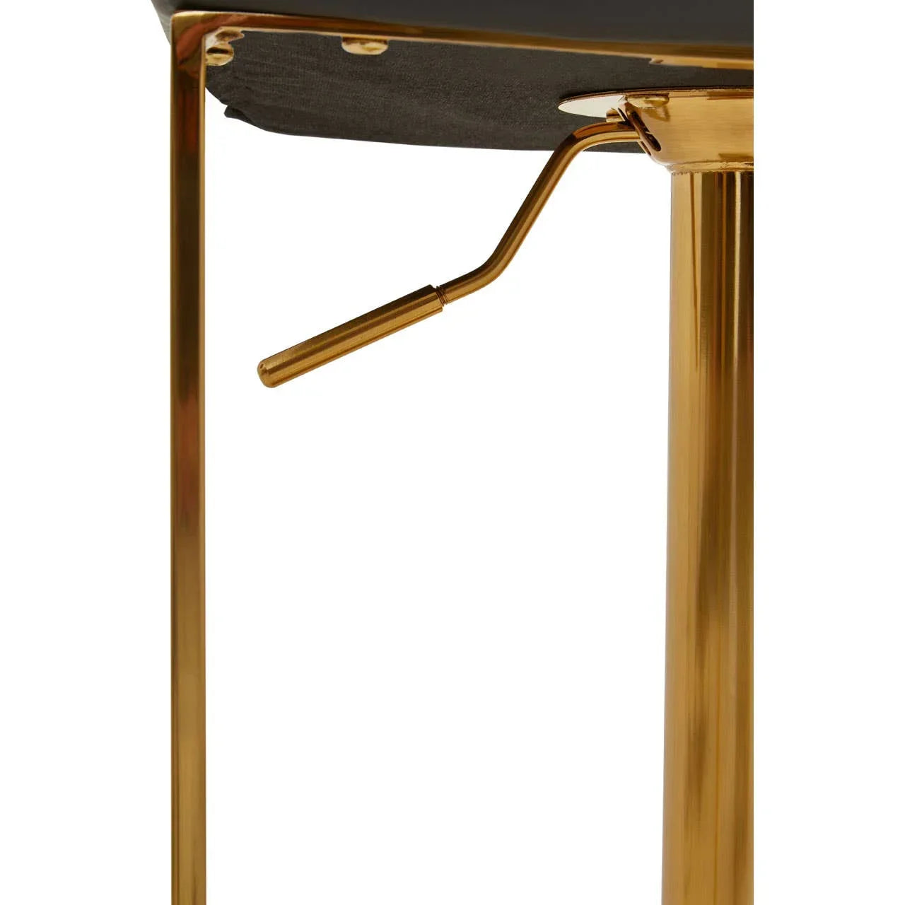 Gold metal bar stool base with adjustable lever and black seat underside detail