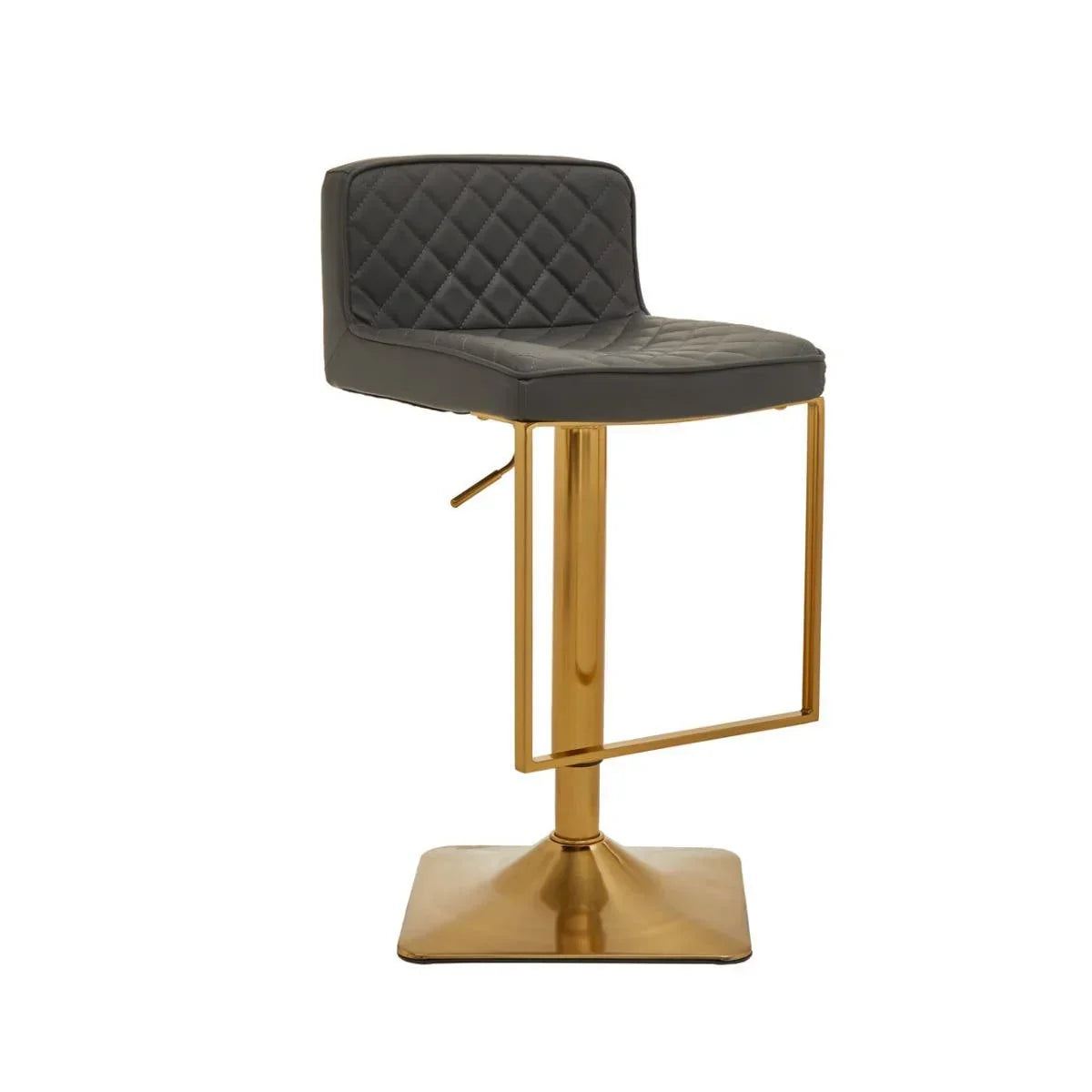 Grey quilted bar stool with gold metal base and footrest, side view