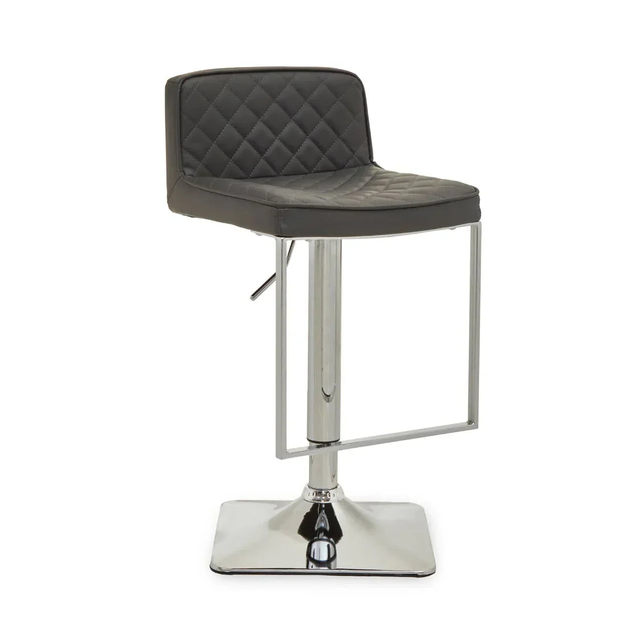 Quilted black faux leather bar stool with chrome base and square footrest, side angle view