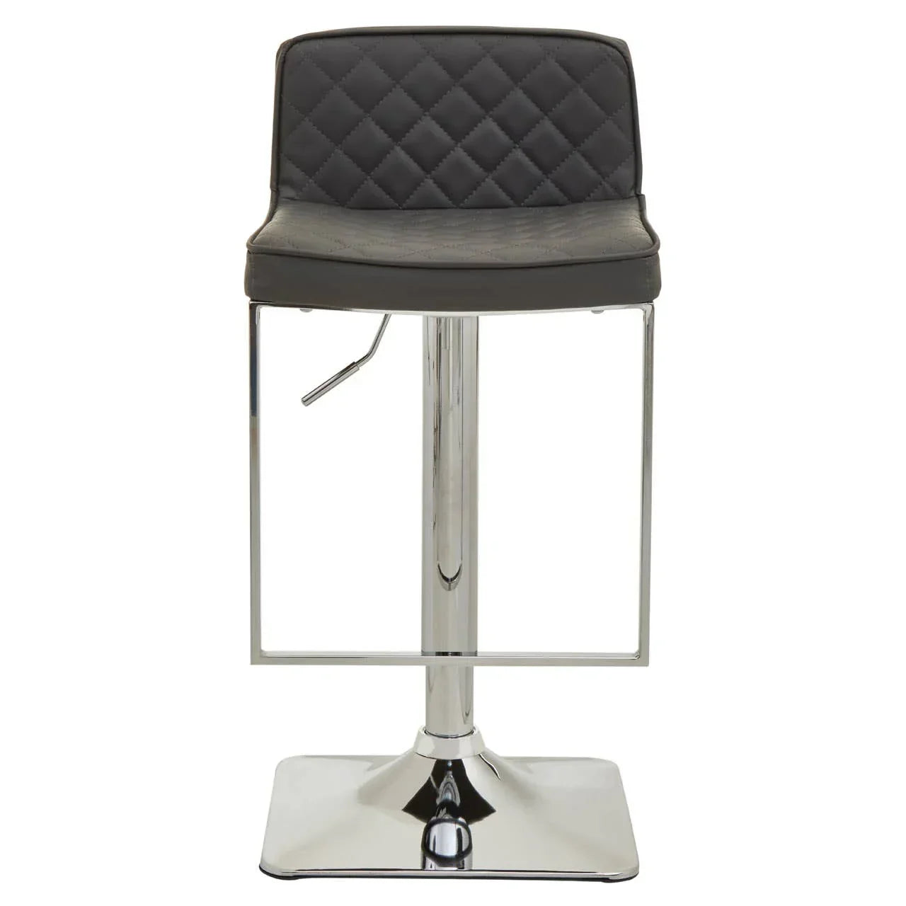 Black leather bar stool with diamond stitching and chrome base, front view