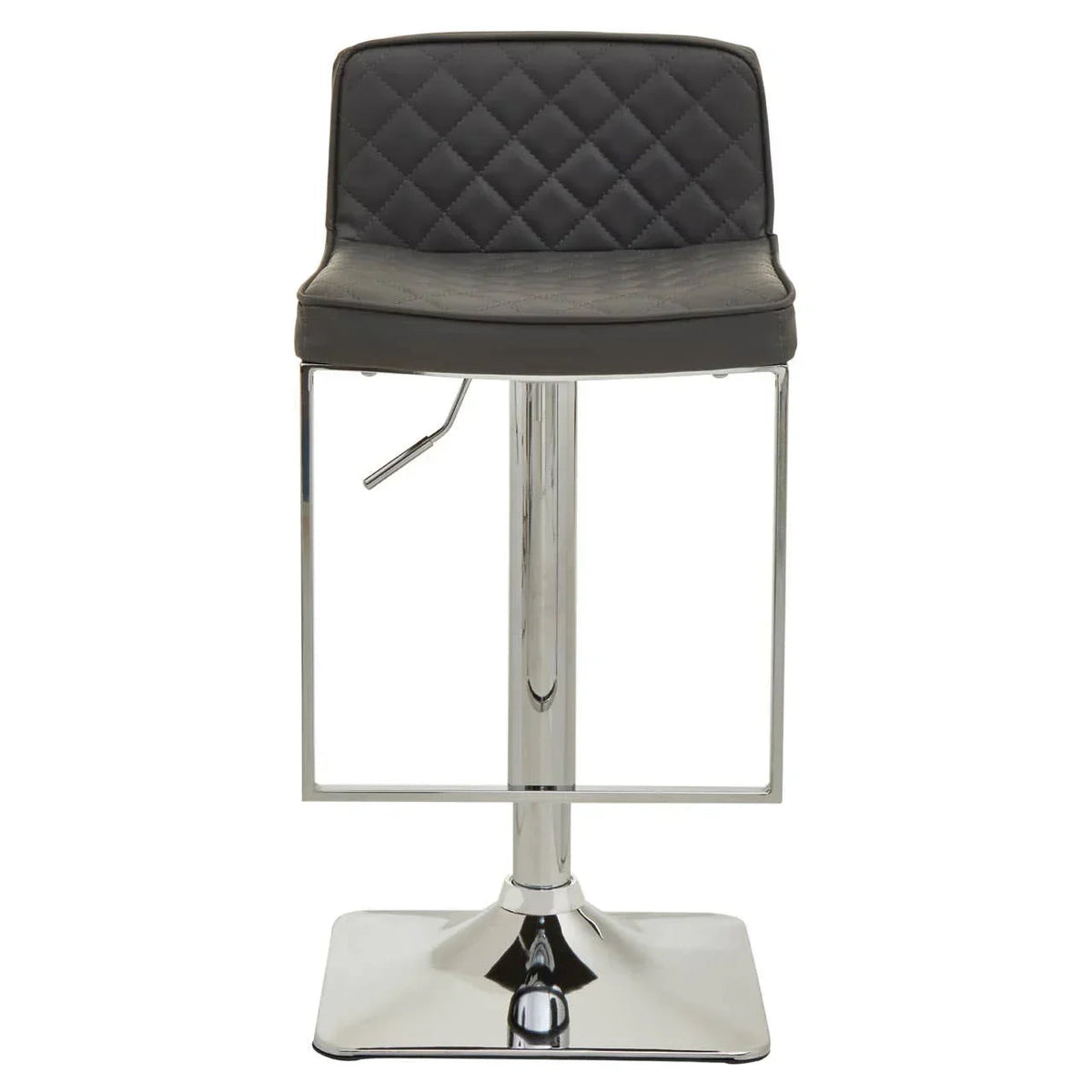 Grey quilted bar stool with chrome square-frame legs, straight front view