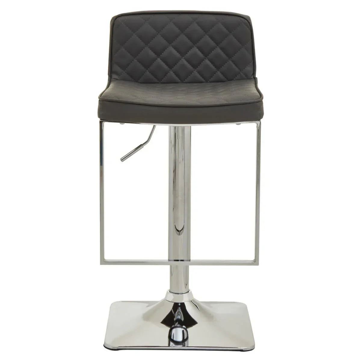 Modern bar stool with quilted black seat, low backrest, and chrome base, front view