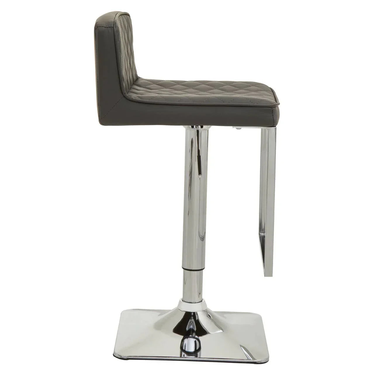 Grey bar stool with quilted seat and chrome base side view