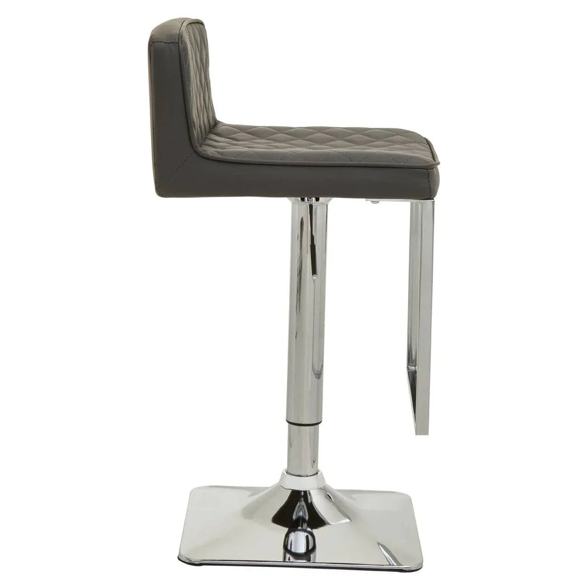 Grey bar stool with chrome square-frame legs, side profile view