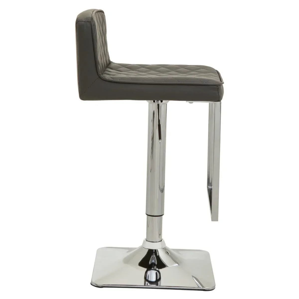 Grey leather bar stool with quilted seat and chrome base, side profile view