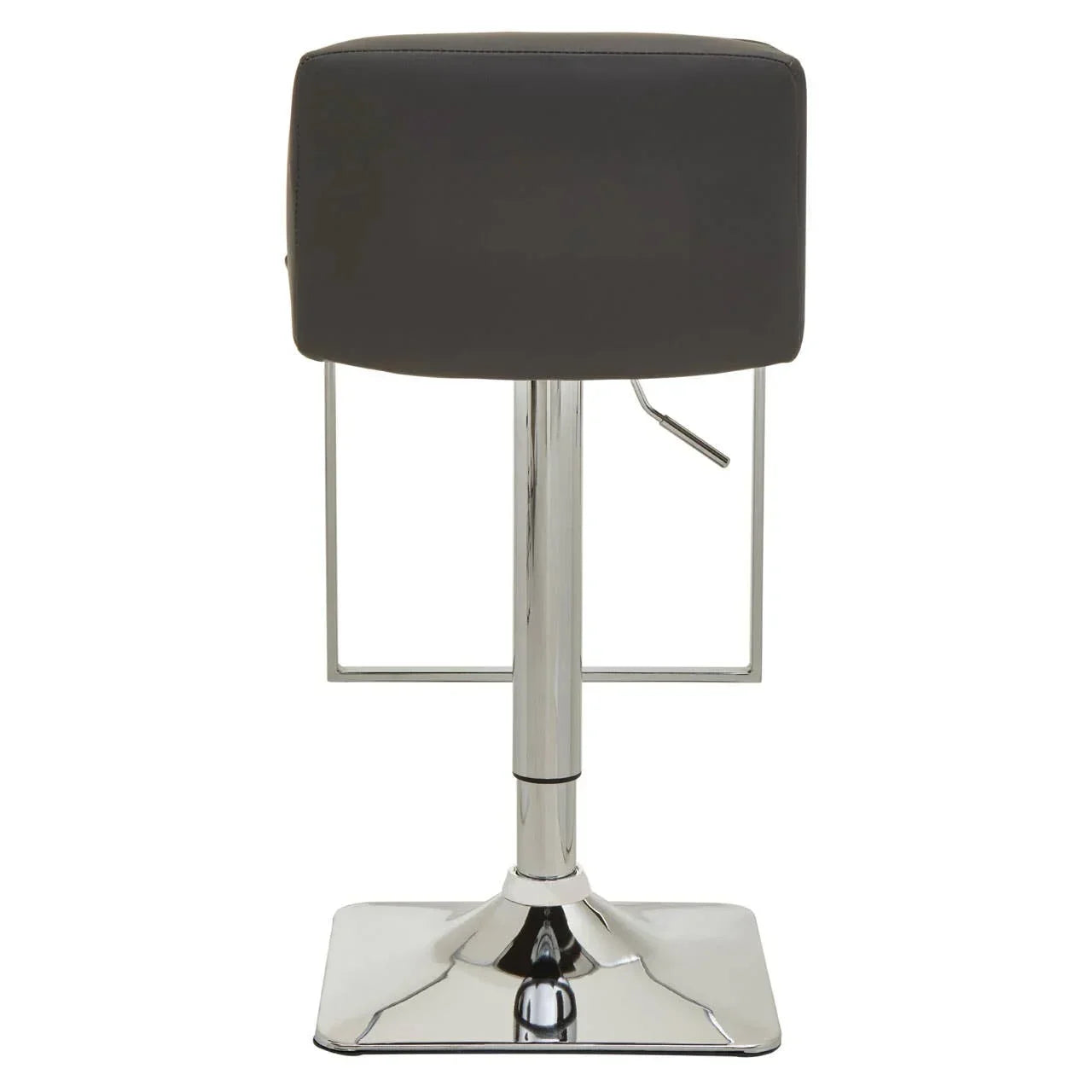 Grey bar stool with square chrome base and padded backrest, rear view