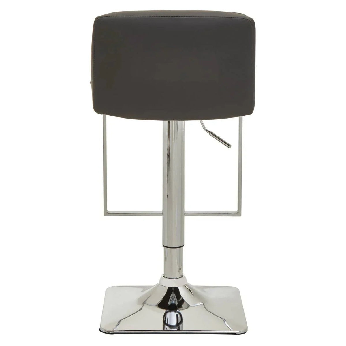 Grey bar stool, rear view showing plain backrest and chrome square-frame legs