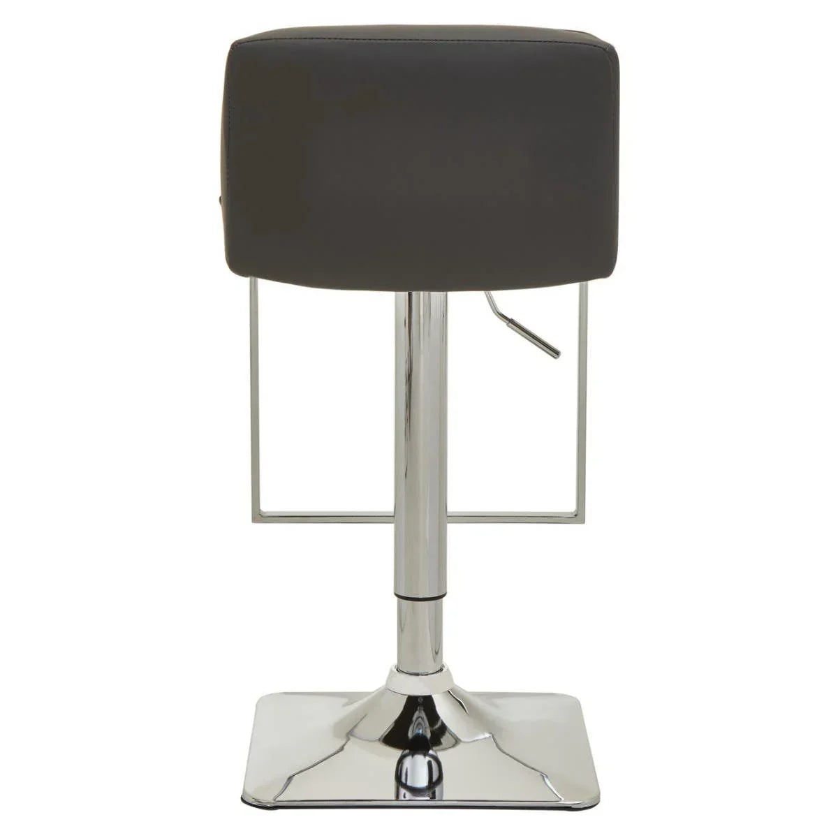 Grey bar stool with chrome base and square backrest, rear view
