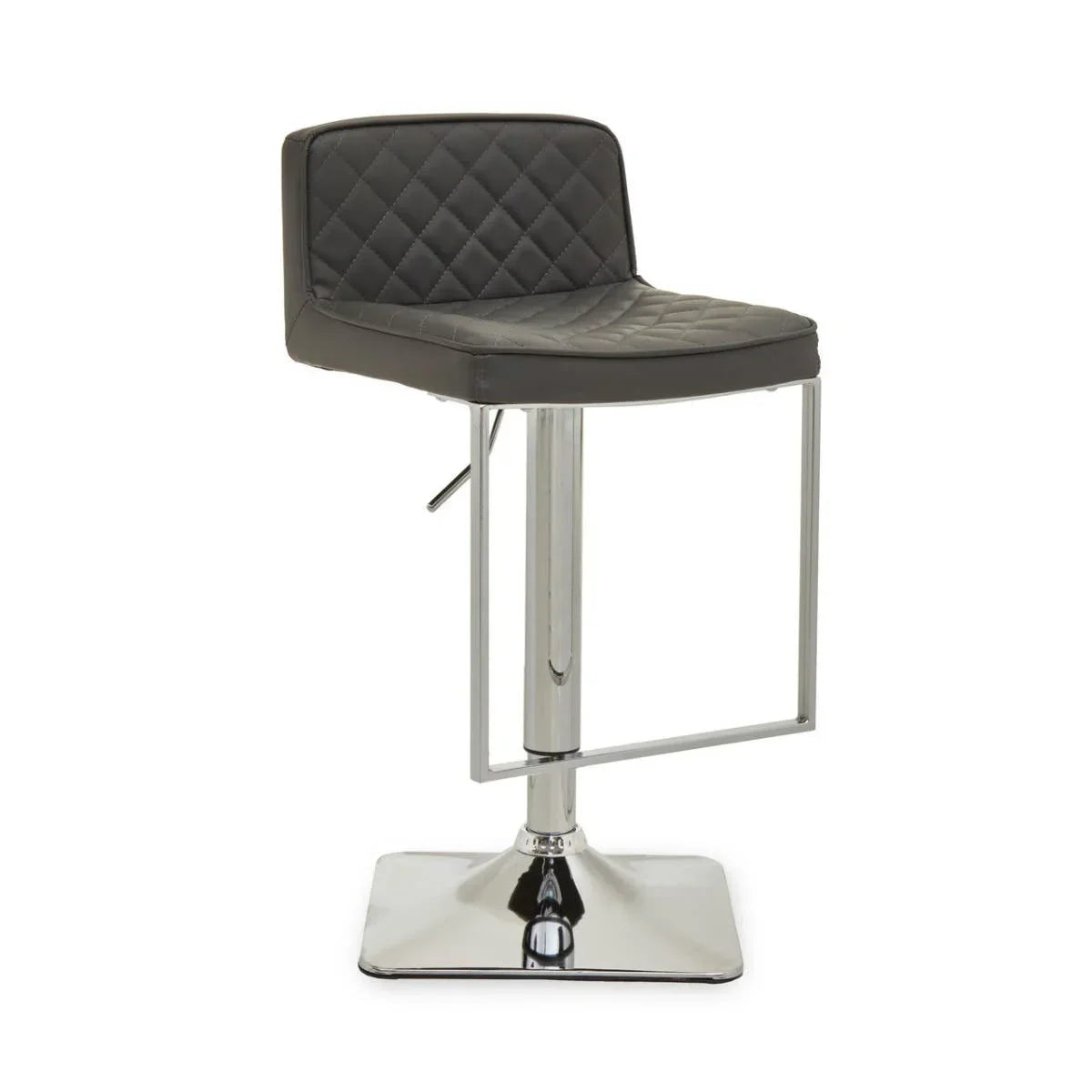 Grey leather bar stool with quilted backrest and chrome base, angled side view