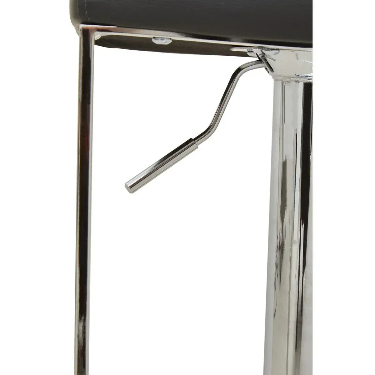 Chrome bar stool base with height adjustment lever and black seat detail closeup