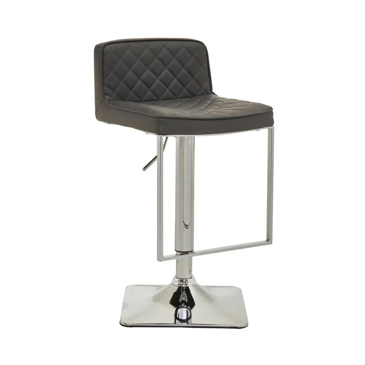 Grey quilted bar stool with chrome base and low backrest, side angle view