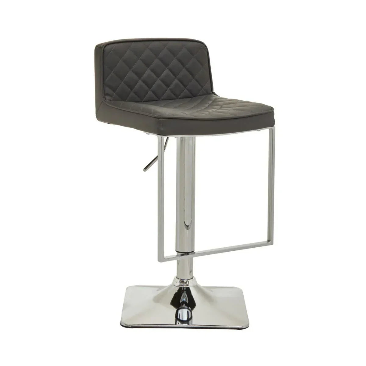 Grey bar stool with quilted faux leather seat and chrome metal base, side view