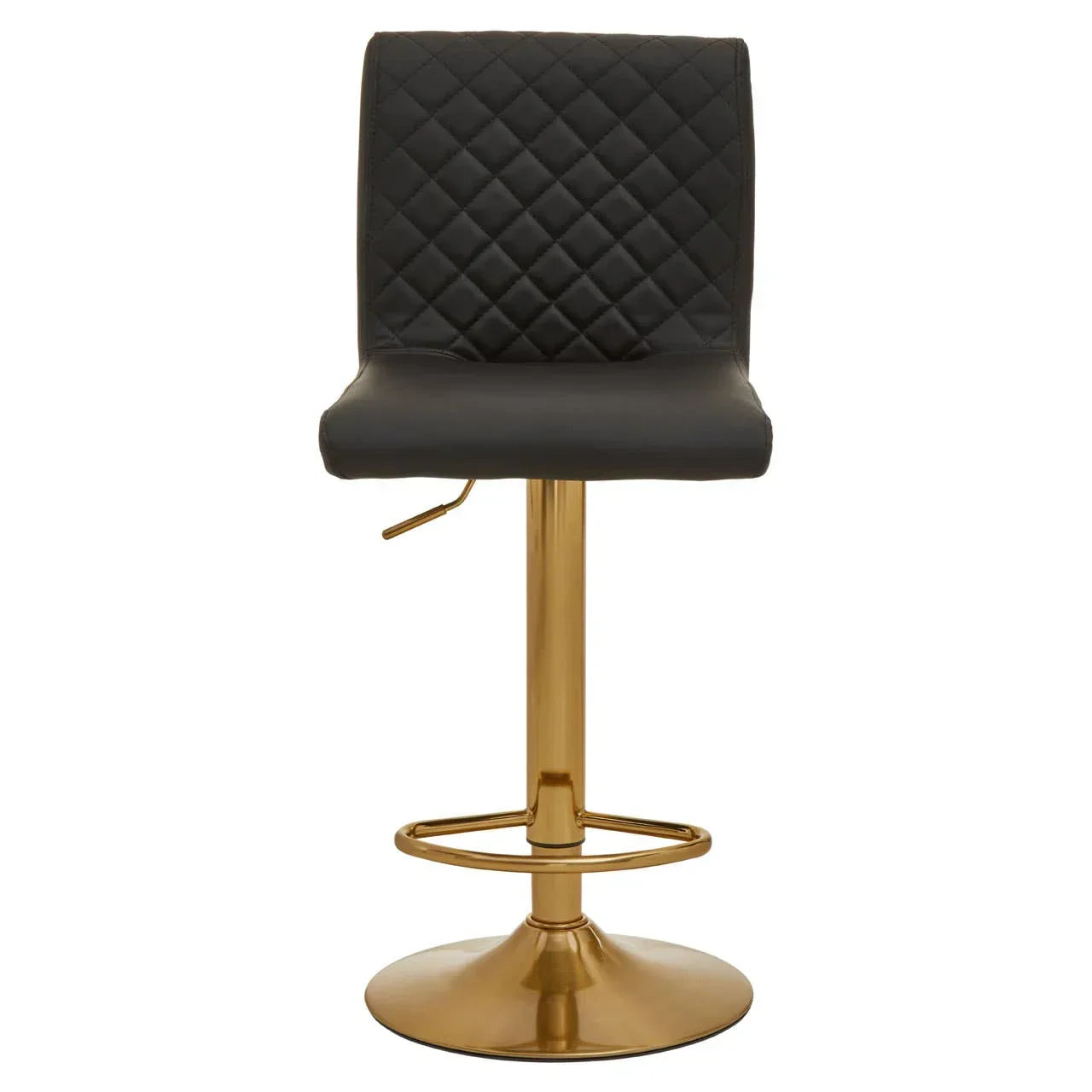 Black bar stool with quilted backrest and gold metal base, front view