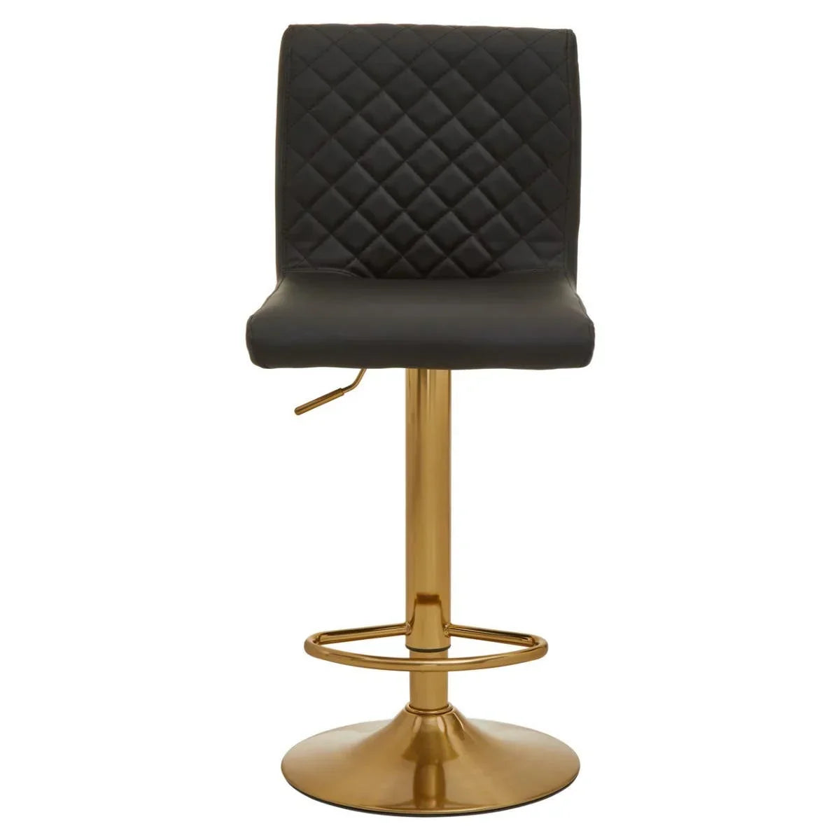 Black bar stool with quilted backrest and gold metal base, front view