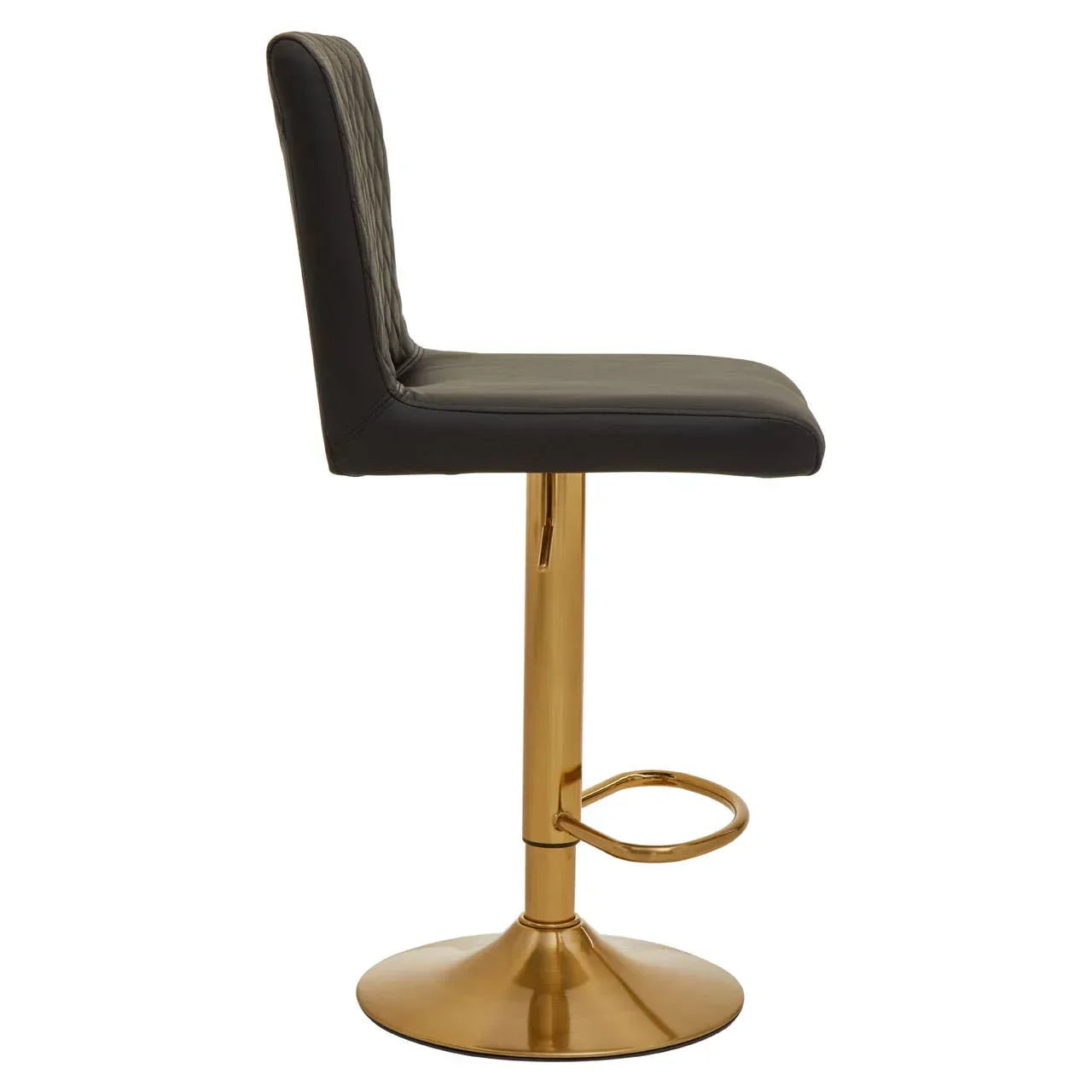 Black bar stool with gold metal base and footrest, side profile view