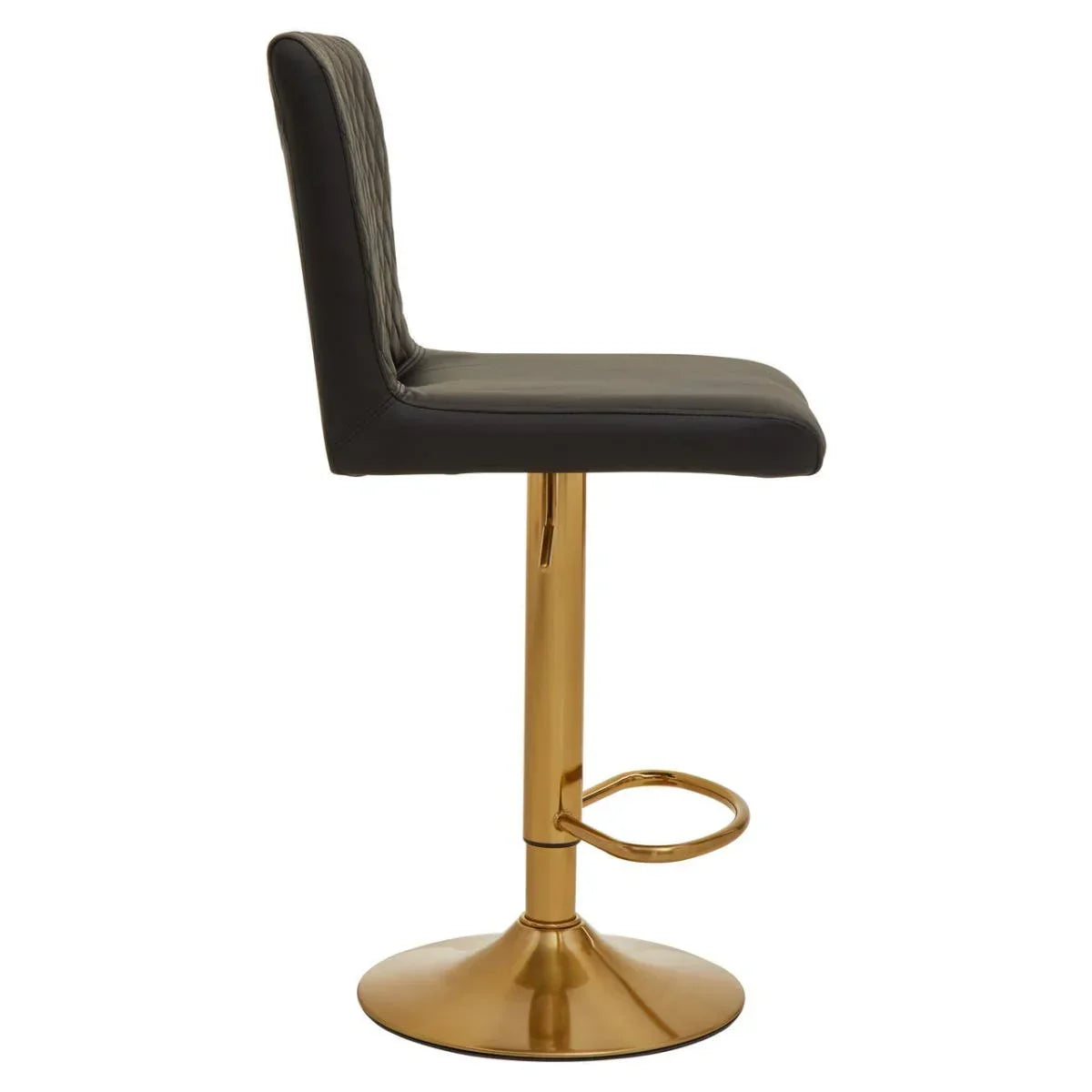 Black faux leather bar stool with gold metal base and footrest, side profile view