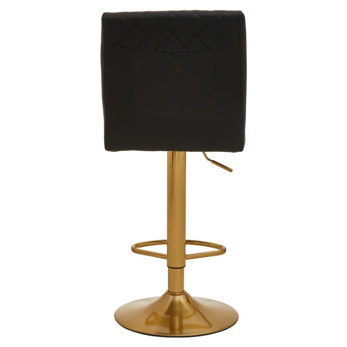 Black bar stool with quilted backrest and gold metal base front view