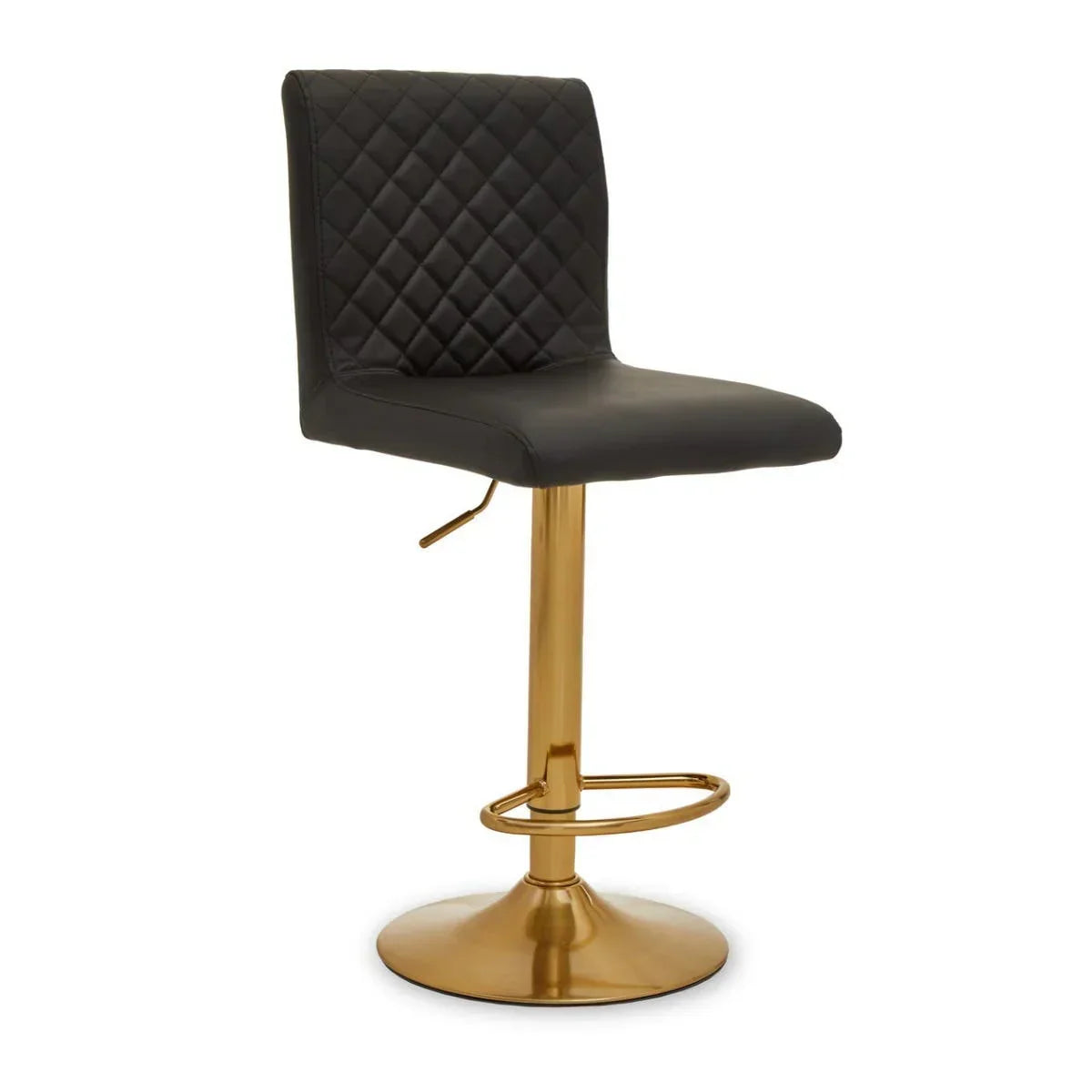 Black quilted bar stool with gold metal base and footrest, side angle view
