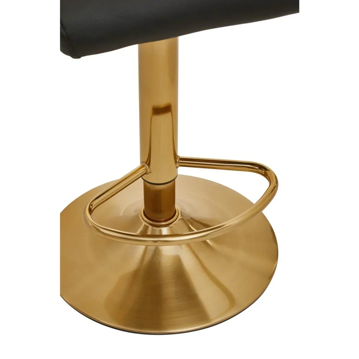 Gold metal bar stool base with circular footrest and black seat edge