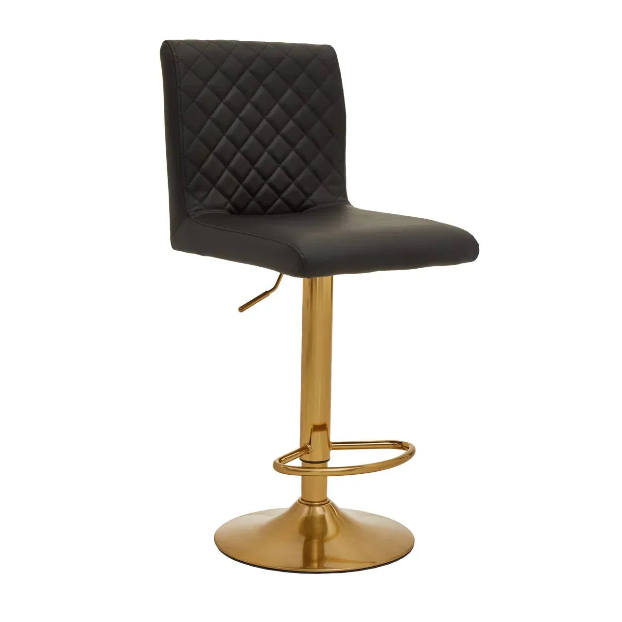 Black bar stool with quilted backrest and gold base, side view