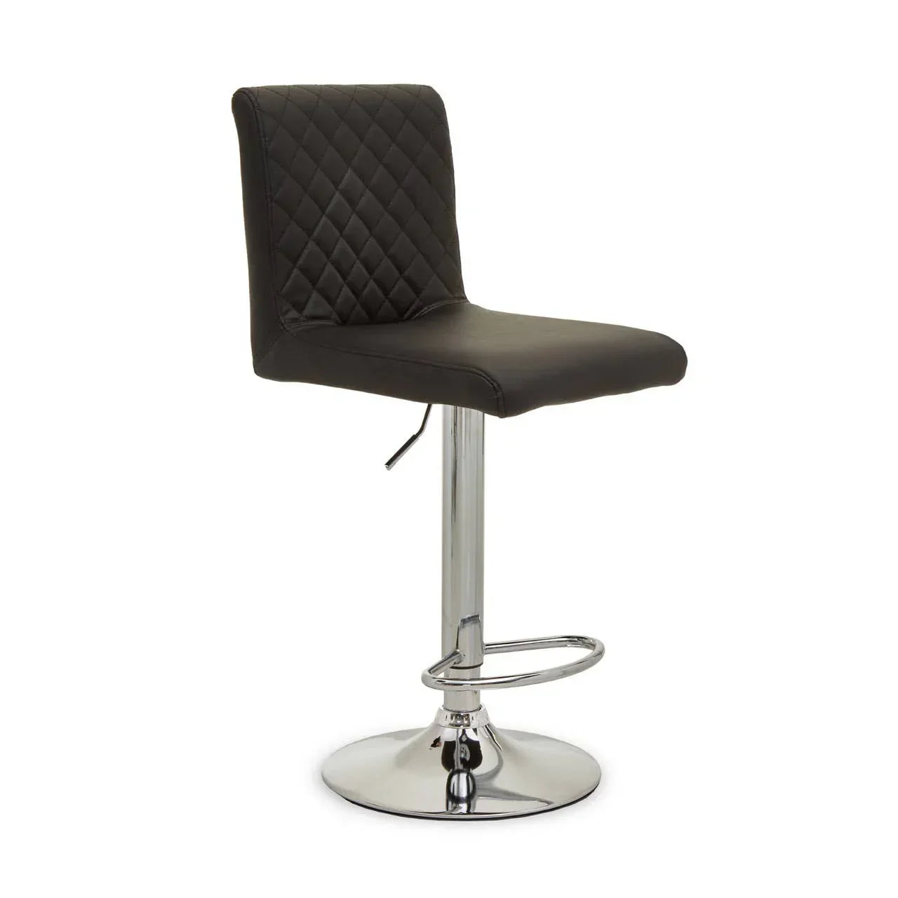 Black faux leather bar stool with quilted backrest and chrome base