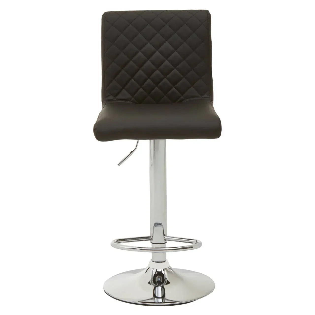 Brown leather bar stool with quilted backrest and chrome base, front view
