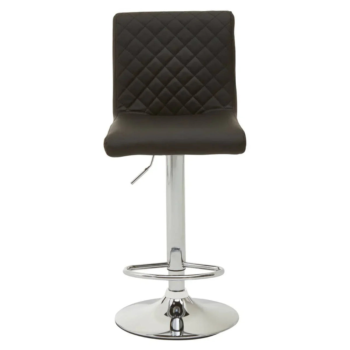 Black diamond-quilted bar stool with chrome pedestal base, straight front view