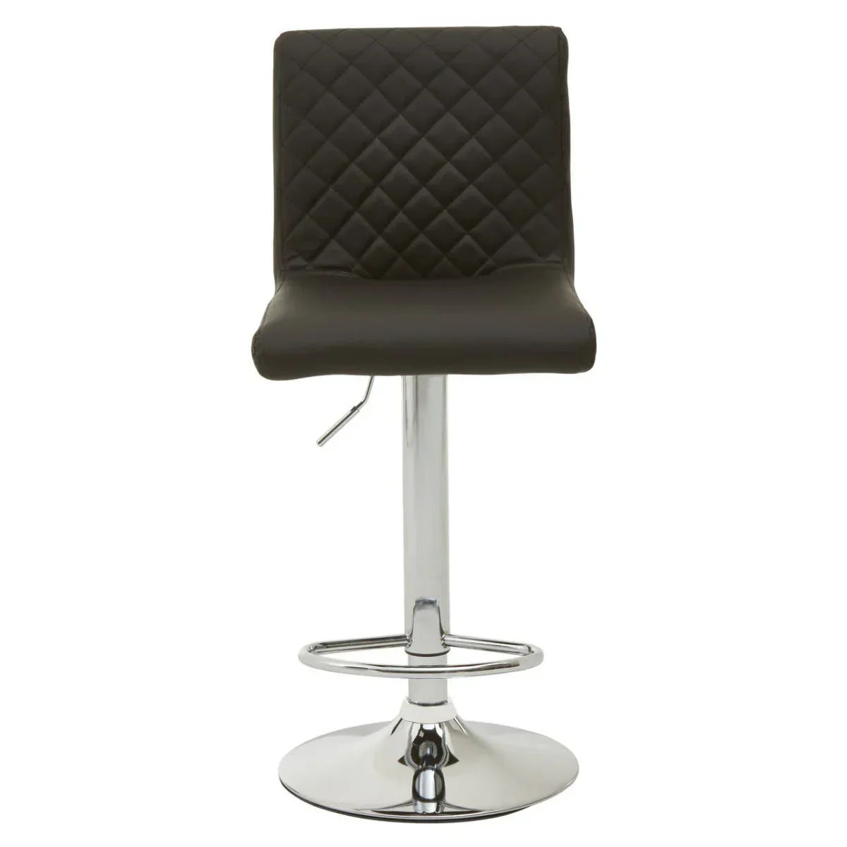 Black bar stool with quilted backrest and chrome base, front view