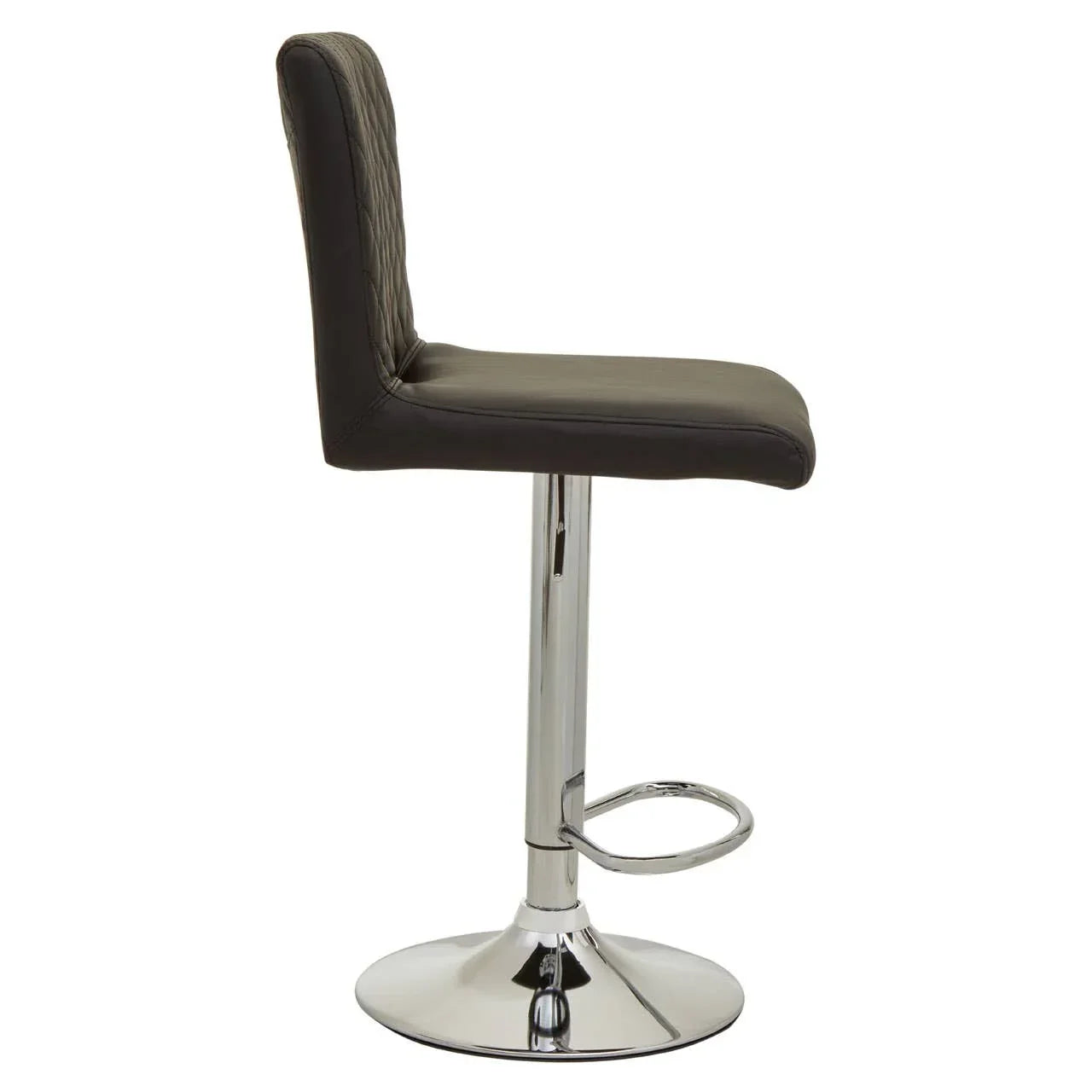 Black faux leather bar stool with chrome base and footrest, side profile view