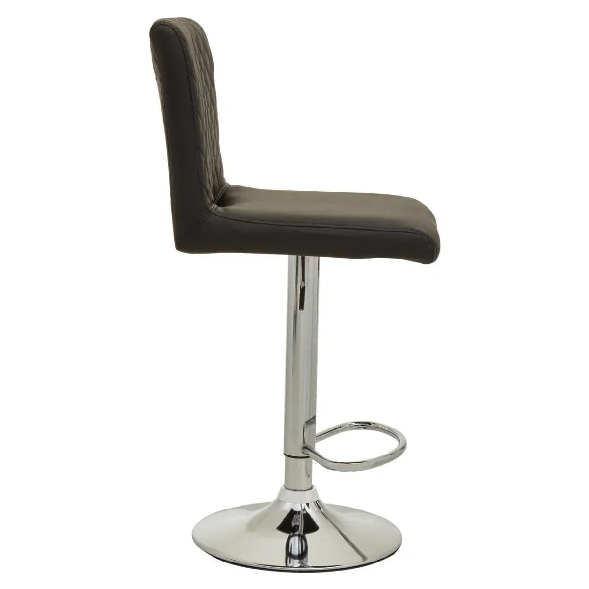 Black bar stool with chrome base and footrest, side profile view