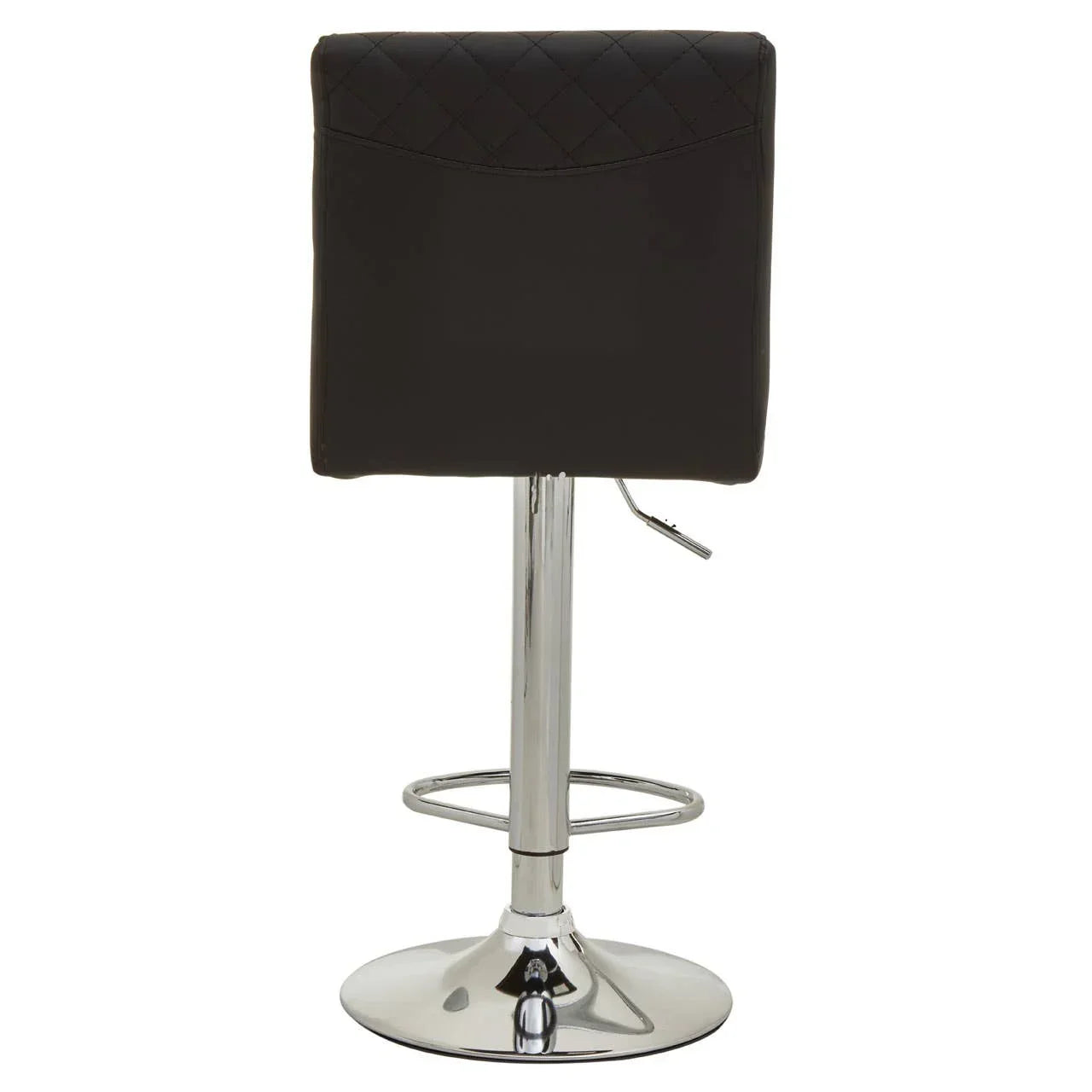 Black bar stool with quilted back and chrome base, rear view